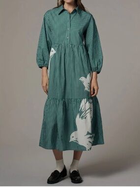 THE BETTINA TIERED SHIRT DRESS BY MAEVE Green Stripe with White Bird Motif NWT M
